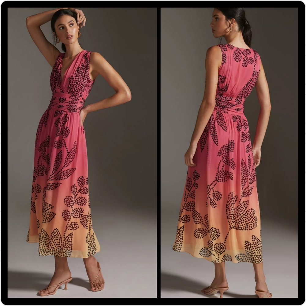 Anthropologie Coral and Peach Floral Maxi Dress
